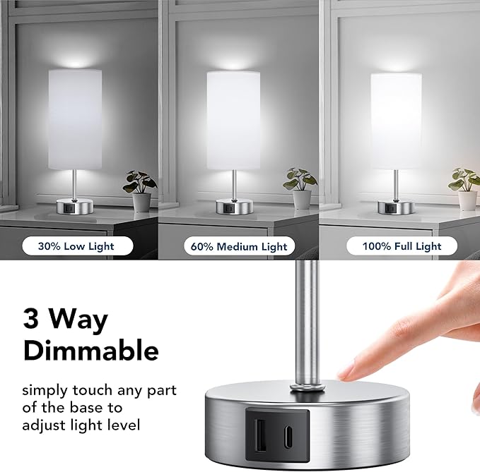 ROTTOGOON 12.8" Touch Control Table Lamp, 3-Way Dimmable Small Bedside Nightstand Lamp with 2 USB Ports, Modern Table Lamps with 6500K Daylight LED Bulb for Bedroom Living Room