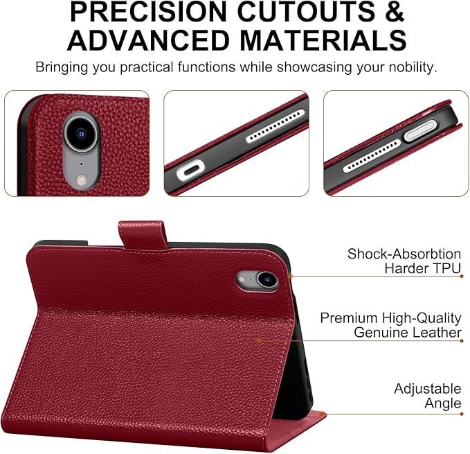Genuine Leather Case for iPad mini 7th/6th Gen 8.3 Inch 2024/2021 | with Pencil Holder and Adjustable Stand, Magnetic Closure, Auto Wake/Sleep Cover | Wine Red