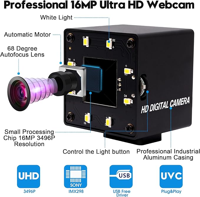USB Camera 16MP Webcam Autofocus 68Degree Lens with Day and Night Vision Metal Case,4K PC Camera UVC Plug and Play for Industrial Machine Video Webcam on Computers,Jetson Nano,Raspberry Pi