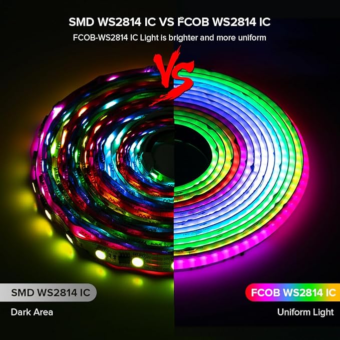BTF-LIGHTING FCOB COB LED Strip Light IP66, WS2814 Smart IC RGBW 3000K Color Chasing Light, UL Listed DC24V 24FT 784LEDs/m High Density 10mm Width for Home Party DIY Decor(No Adapter or Controller)