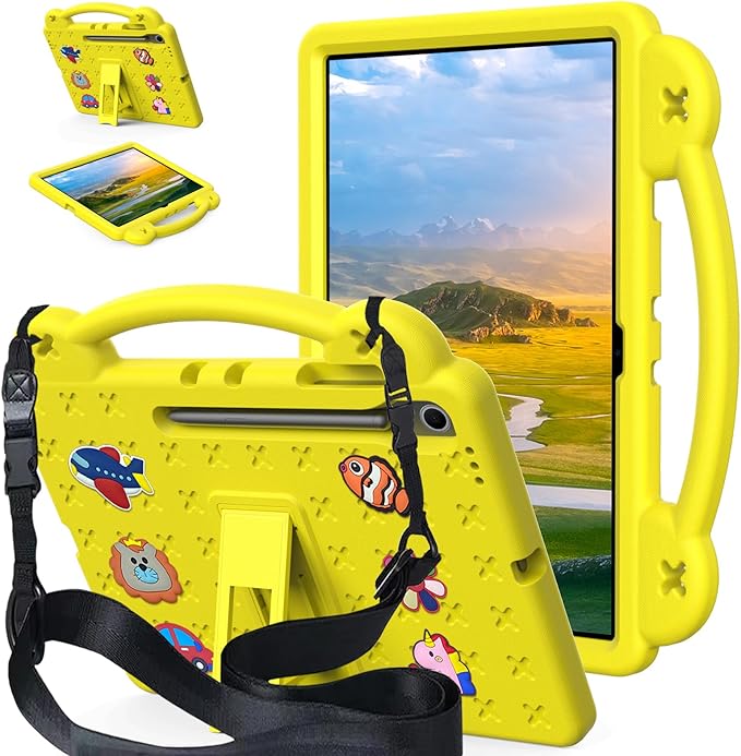 AKABEILA Compatible with Samsung Galaxy Tab S10 FE+ 13.1 inch 2025 Tablet Case, Kids Friendly Universal Lightweight Shockproof Protective Case with Shoulder Strap & Stand Handle Yellow
