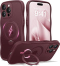 CAPRARO for iPhone 15 Pro Max Case with 360° Spin Magnetic Stand for Women, [Compatible with MagSafe] [Full Camera Protection] Cute Wave Translucent Matte Case for iPhone 15 Pro Max, Wine Red