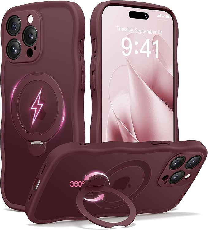 CAPRARO for iPhone 15 Pro Max Case with 360° Spin Magnetic Stand for Women, [Compatible with MagSafe] [Full Camera Protection] Cute Wave Translucent Matte Case for iPhone 15 Pro Max, Wine Red