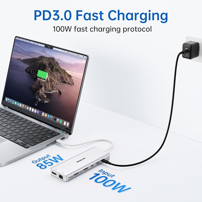 USB C Laptop Docking Station Dual Monitor Dual HDMI 4K DP Triple Display Hub, 13 in 1 MOKiN USB C Hub with 3 Monitors, DisplayPort, USB 3.1, RJ45, 100W PD, Card Reader, Audio/Mic, for Dell HP, Sliver