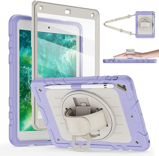 Case for iPad 6th/5th Generation 9.7'' with Screen Protector Pencil Holder [360 Rotating Hand Strap] &Stand, Drop-Proof Case for iPad 6th/5th/ Air 2/ Pro 9.7 (Purple&Beige)