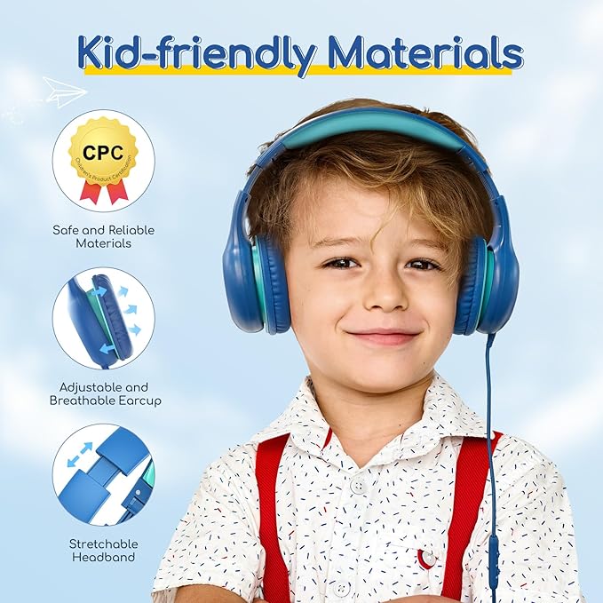 EarFun Kids Headphones Wired with Microphone, 85/94dB Volume Limit Headphones for Kids, Portable Wired Headphone with Shareport, Stereo Sound Foldable Headset for School/Tablet/iPad/Kindle Blue Green