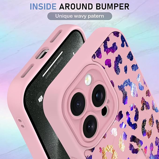 KANGHAR Compatible with iPhone 15 Pro Case, Support for MagSafe, Silicone Cute Iridescent Leopard Cheetah Pattern, Wristband Kickstand Shockproof Protective Slim Cover for Women Girls, Pink
