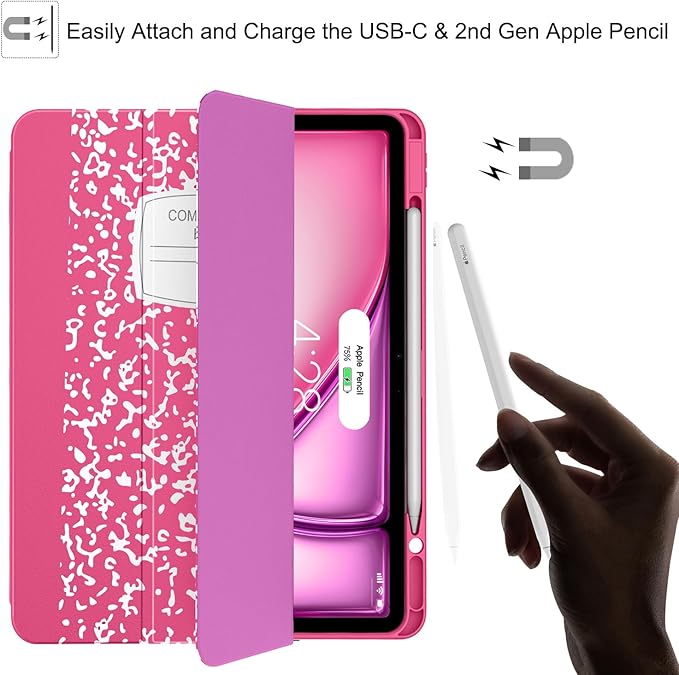 Soke Case for iPad Air 13 Inch (M4/M3/M2,2026-2024), iPad Pro 12.9" 6th/5th Generation with Pencil Holder(2021 2022 Release)-[Apple Pencil Charging + Auto Wake/Sleep] Soft Back Cover, Book Hot Pink