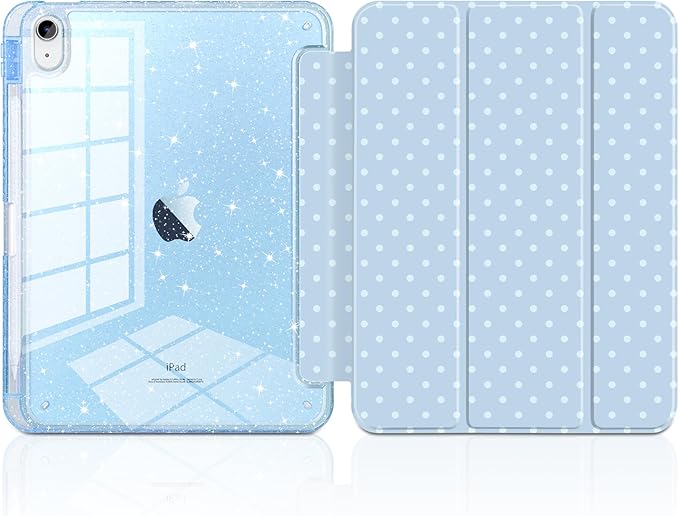DONGKE for iPad Pro 11 inch Case – Fits M5 2025 / M4 2024, Shockproof Sparkling Glitter Acrylic Back, Pencil Holder, Trifold Stand, Auto Sleep/Wake & Touch ID Support - Blue Polka Dot