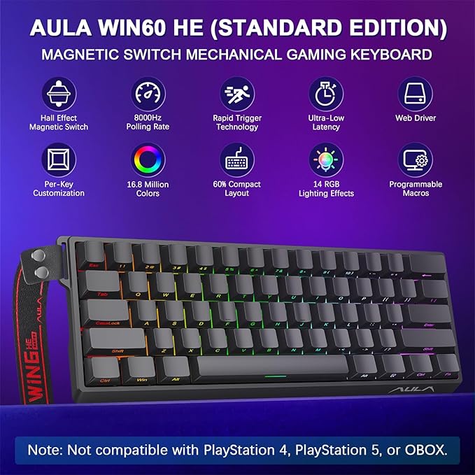 Aula WIN60 HE 60% Mechanical Keyboard Wired, Hall Effect Gaming Keyboard Magnetic Switch Hot Swappable, Adjustable Actuation Rapid Trigger Mode 8000Hz Polling Rate, RGB Keyboard 60 Percent Design