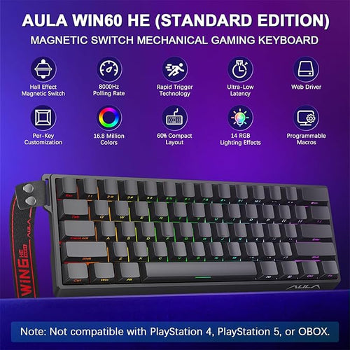 Aula WIN60 HE 60% Mechanical Keyboard Wired, Hall Effect Gaming Keyboard Magnetic Switch Hot Swappable, Adjustable Actuation Rapid Trigger Mode 8000Hz Polling Rate, RGB Keyboard 60 Percent Design