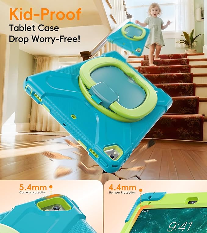 BATYUE Case for iPad 6th Generation 9.7 inch 2018, iPad 5th Gen 2017, iPad Air 2/ iPad Pro 9.7'',Shockproof Protective Cover with Pencil Holder &Rotating Bracket &Shoulder Strap (Light Blue+Lime)