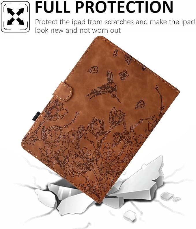 for iPad 9.7 Inch Case iPad 6th/5th Generation Case 2018 2017, Embossed Suede Leather Folio Stand Cover for iPad 9.7 inch/Pro 9.7/Air 2/Air 1, Auto Sleep/Wake, Brown Bird Flower Embossing