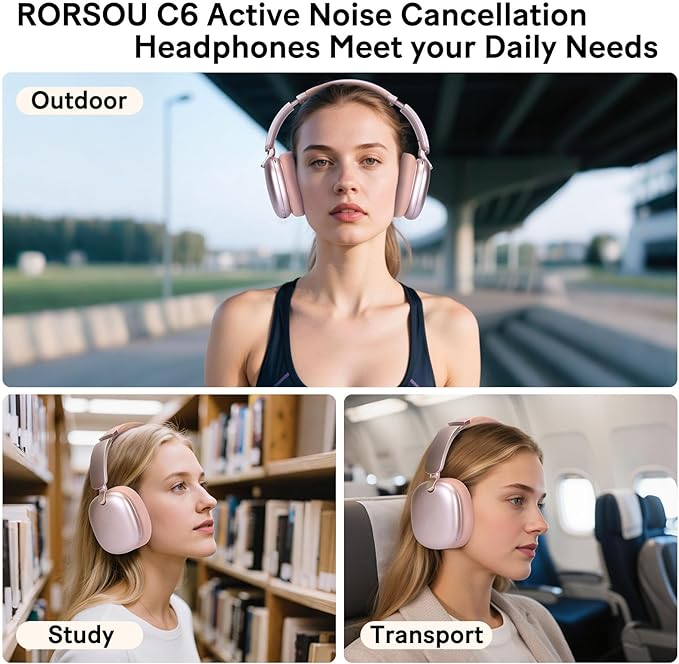 C6 Active Noise Cancelling Headphones, Wireless Over Ear Bluetooth Headphones, 60H Playtime, Lightweight Folding Deep Bass Comfort Fit Ear Cups Headset with Mic for iPad/PC/Home Rose Gold