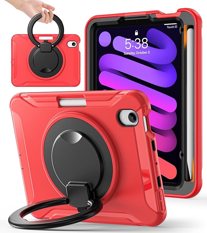 BATYUE Shockproof Case for iPad mini 7 (A17 Pro)/ Mini 6 8.3 inch (2024/2021) - 360° Multi-Angle Stand (Portrait & Landscape) & Grip, Built-in Pencil Holder, Red
