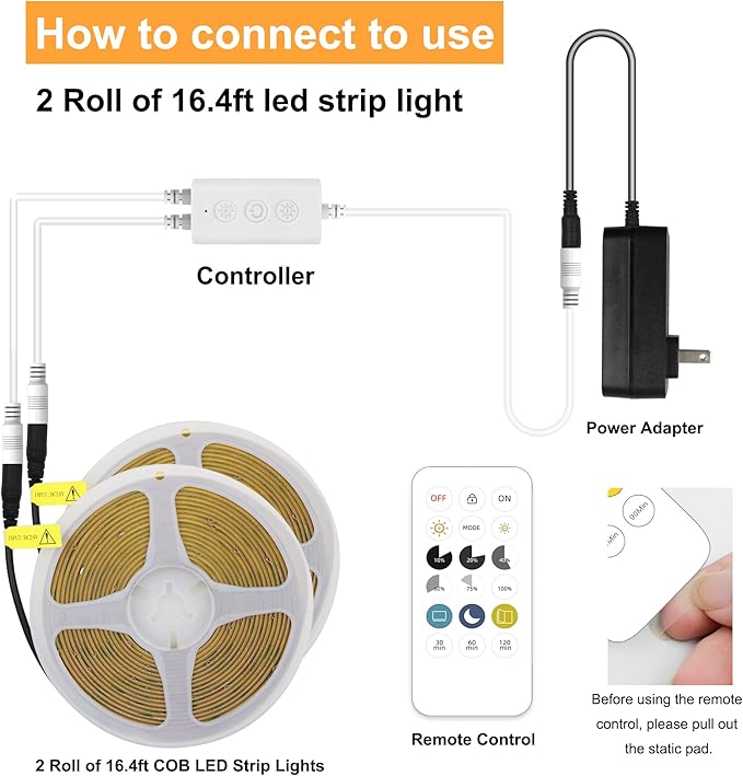 AXMOTUT 32.8ft COB LED Strip Light White, High Bright LED Strips with 320LEDs, RF Remote and UL Power Supply, 4000K Dimmable LED Lights for Bedroom,Kitchen, DIY Home Decoration, 2 Rolls of 16.4ft