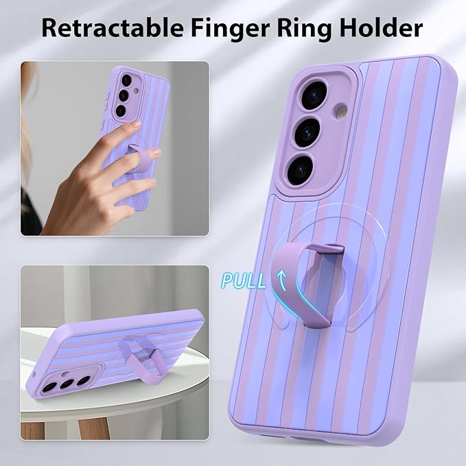 KANGHAR Compatible with Samsung Galaxy S25 Case, Support for MagSafe, Silicone Stripes Cute Pattern, Wristband Kickstand Camera Protection Soft Slim Cover for Girls Women -Purple