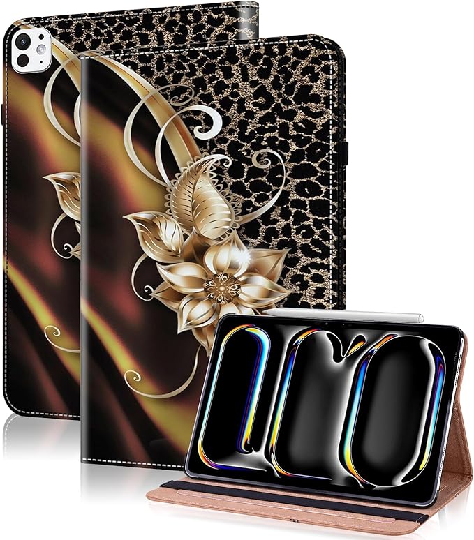Case for iPad Pro 11 inch Case (M5/M4) 2025/2024, Premium Leather Folio Stand Cover with Auto Wake/Sleep, Pencil Holder and Card Slots - Metallic Flower