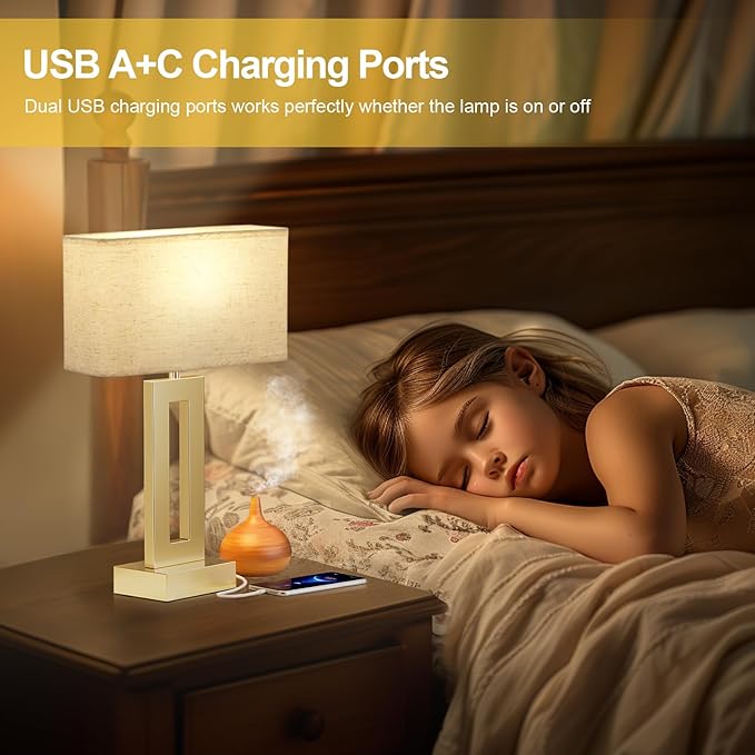 Seealle Bedroom Table Lamps Set of 2 - Beige Gold Touch Bedside Lamps with USB C+A, 3 Way Dimmable Gold Lamp for Nightstand, Modern Night Stands Lamps for Living Room
