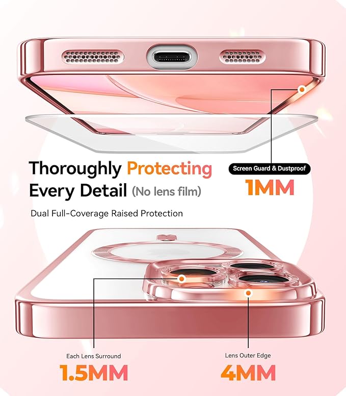 Meifigno for iPhone 15 Pro Case 6.1", [Glitter Card & Wrist Strap] [Compatible with MagSafe] [2X Screen Protectors] Surround Raised Camera Lens Protection for 15 Pro Case, Rose Gold