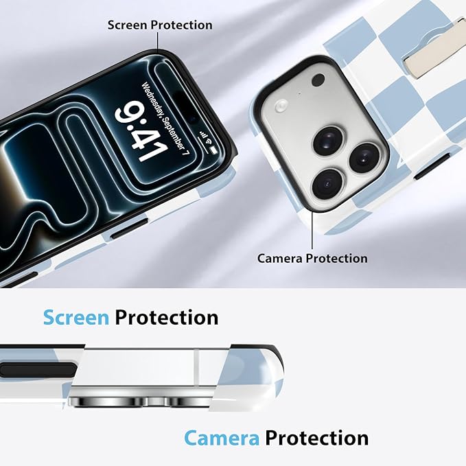 KANGHAR Compatible with iPhone 17 Pro Max Case, Support for MagSafe, Silicone Checkered Cute Pattern, Wristband Kickstand Camera Protection Soft Slim Phone Case for Girls Women -Light Blue