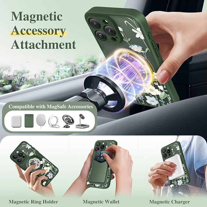 GVIEWIN for iPhone 16 Pro Max Case Compatible with MagSafe, [Military Grade Protection] [Screen Protector] Full Camera Protection Floral Translucent Women Magnetic Phone Case, Aquilegia/Forest Green