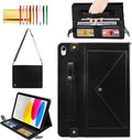 Handbag Case for iPad (A16) 11" 2025 & iPad 10th Gen 10.9", Techcircle Folio Stand PU Leather Multi-Card Slots Envelope Pocket Wallet Cover with Hand Strap+Shoulder Strap+Pen Holder, Black