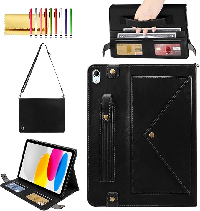 Handbag Case for iPad (A16) 11" 2025 & iPad 10th Gen 10.9", Techcircle Folio Stand PU Leather Multi-Card Slots Envelope Pocket Wallet Cover with Hand Strap+Shoulder Strap+Pen Holder, Black