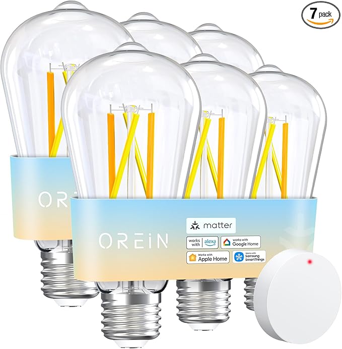 OREiN Matter Smart Light Bulb, ST19(58) Smart Edison Bulbs with Remote Control Work with Apple Home, Alexa, Google Home, SmartThings, 800lm 2700K-6500K Smart Filament Bulb E26 Base 6Pack