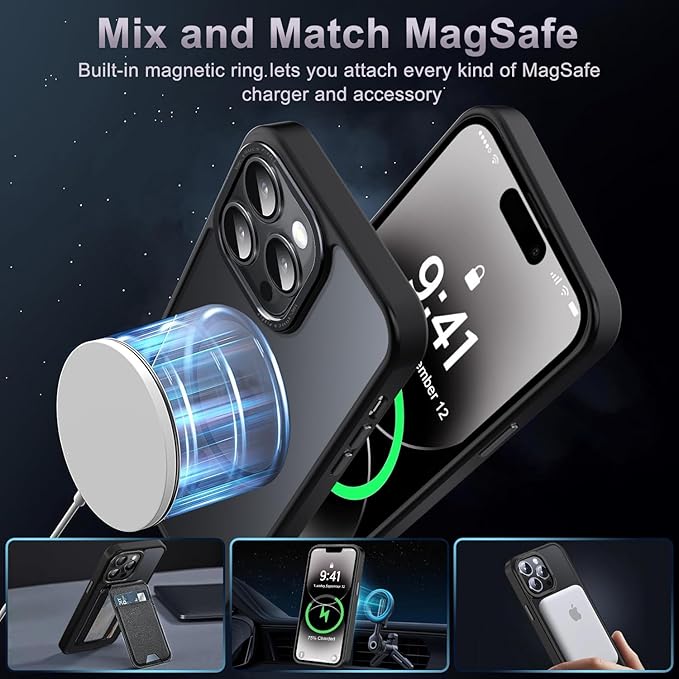 Newfuture Designed for iPhone 14 Pro Case with Magnetic [13 FT Military Drop Protection] [Compatible with Magsafe] Slim Translucent Matte Shockproof with Anti-Fingerprint Phone Case, Black