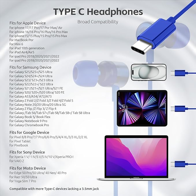 MORMOQUE USB C Headphones for iPhone 15 16 17,for Samsung S20-S23 A53 A54 Type C Wired Earbuds,Built-in Microphone Hi-Fi Bass Earphones,4.9ft Long Cord Magnetic in-Ear Ear Buds with 6 Ear Tips(Blue)