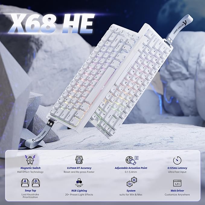 ATTACK SHARK X68 HE Rapid Trigger Mechanical Gaming Keyboard 60% Wired TKL with Adjustable Actuation,Hall Effect Magnetic Switch,8KHz Polling Rate,RGB Backlit,Top Mount for PC Mac Esport Gamer(White)