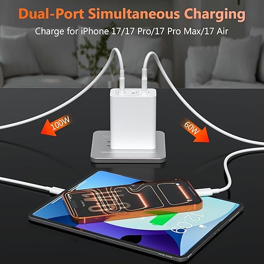 100W USB C Charger Block, 3-Port GaN Fast Wall Charger with 2 Cables [C-C & A-C], Travel Essentials PD Adapter for MacBook Pro, for iPhone 17/16/15, Samsung S25, for Home Office & Laptop - White
