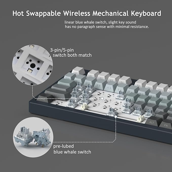 MageGee LIGHT75 Wireless Creamy Keyboard, Tri-Mode Bluetooth/2.4GHz/USB-C RGB Backlit, Gasket Hot Swappable Custom Gaming Keyboard for Win/Mac/PC, with Knob, Side Printed PBT Keycaps, Black