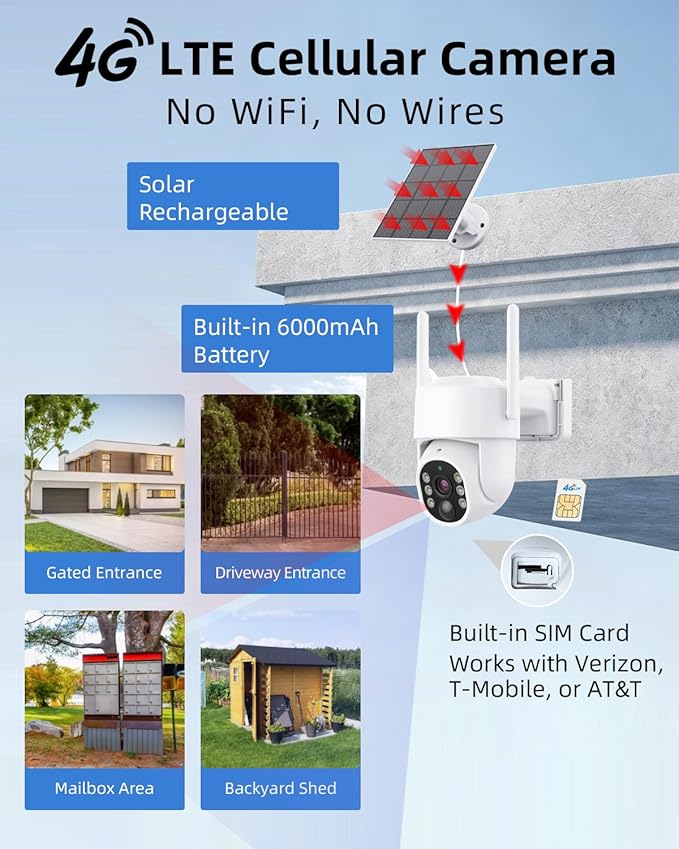 Ameyes 4MP 4G LTE Cellular Security Cameras Wireless Outdoor, Solar Cameras for Home Security 32GB SD Card & SIM Card, Night Vision, PT 360 Camera, 2-Way Audio, Motion Detect, No WiFi & Wire (White)