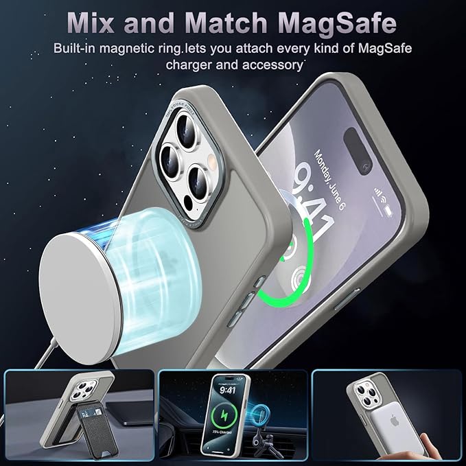 Newfuture Magnetic for iPhone 15 Pro Case [Compatible with Magsafe] [Military Grade Drop Protection] Translucent Matte Anti-Fingerprint Shockproof Phone Case for iPhone 15 Pro 6.1 inch, Titanium Gray