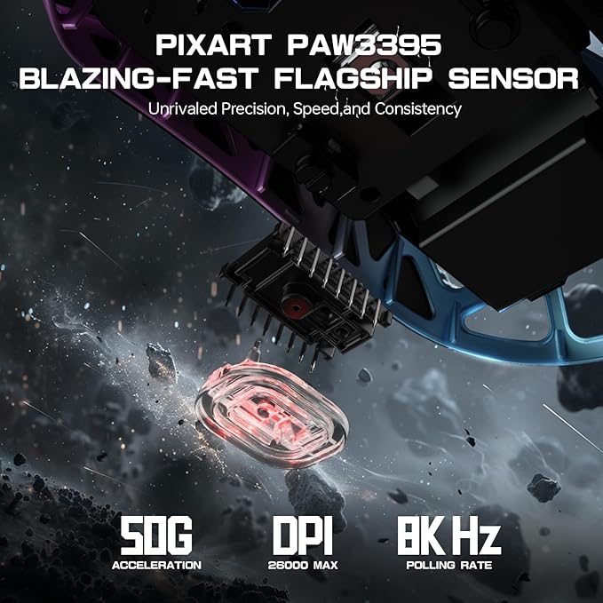 FELICON x Attack Shark R3 Magnesium Alloy Wireless Gaming Mouse, 46g Ultra-Lightweight Skeletal Shell, PAW3395 26K DPI, 8K Polling, Tri-Mode 2.4G/BT/Wired, for PC Mac Laptop - Purple & Griptape