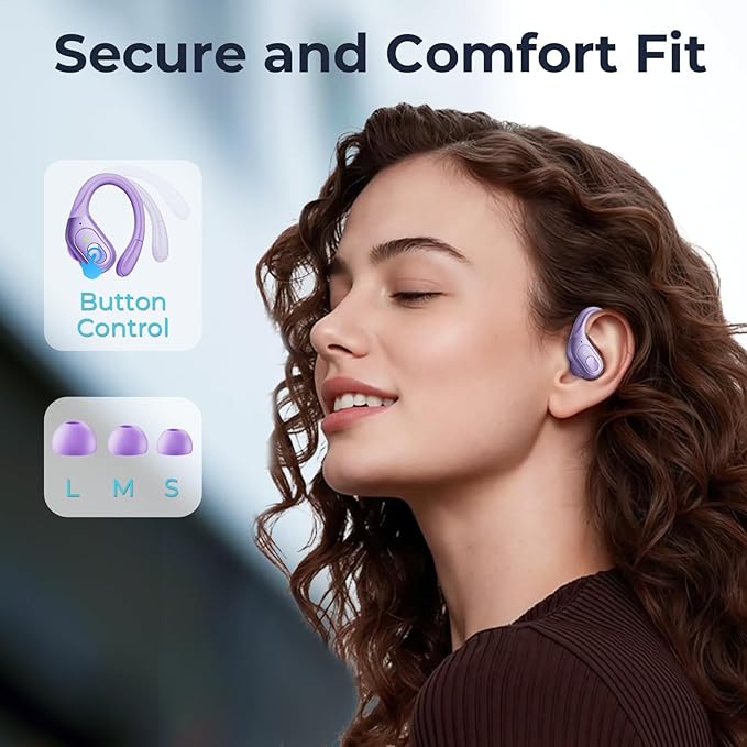 occiam Active Noise Cancelling Earbuds Wireless Bluetooth Headphones Ear Buds 90Hrs Playback Stereo Bass Earphones with Mic Over-Ear Hooks IPX7 Waterproof Headset for Work Sports (Purple)