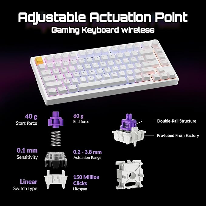 LEMOKEY P1 HE 75% Wireless Custom Mechanical Gaming Keyboard with Gateron Double-Rail Magnetic Switches Knob Version, QMK 2.4 GHz Bluetooth 5.2 RGB Backlight Compatible with Mac Windows Linux - White