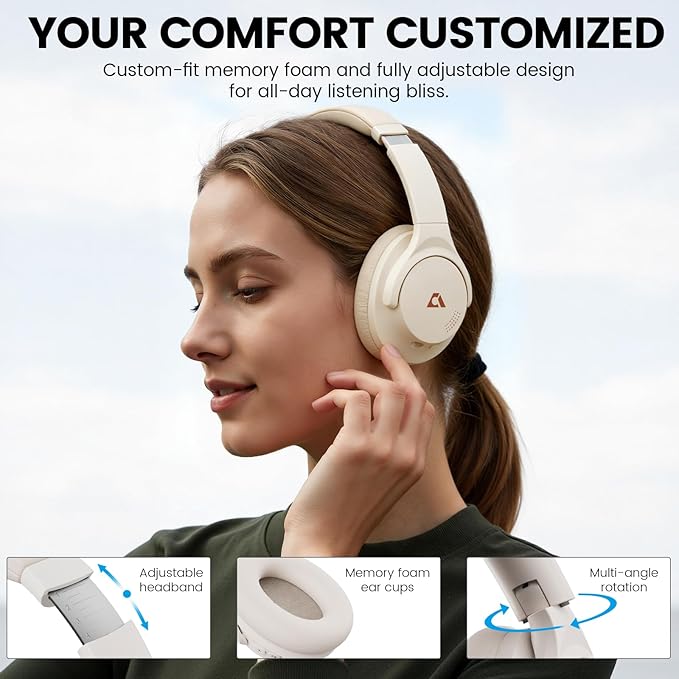 1Mii Y8+ Hybrid Active Noise Cancelling Headphones, 100H Playtime, Bluetooth 6.0 Over Ear LDAC Wireless Hi-Res Audio & Deep Bass, Comfortable for Travel Airplane Home Office, Custom EQ via App, Beige