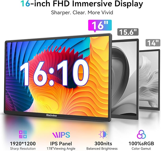 Blackview 16" Laptop Screen Extender, 360° Rotating Detachable Magnetic Stand, FHD 1200P IPS Portable Monitor for Laptop, True Plug & Play for Business Travel, Support Windows/Mac/Android/VESA