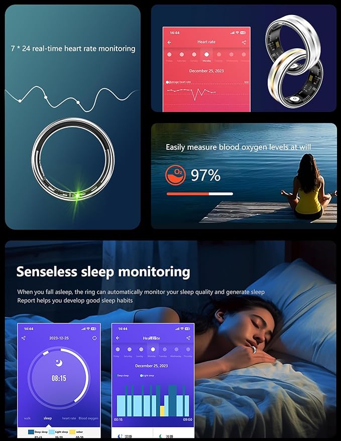 Smart Rings for Men Women Health Ring Fitness Tracker Heart Rate Monitor Sleep Tracker Pedometer Calories Step Counter Waterproof Rings Compatible with iOS Android Phones