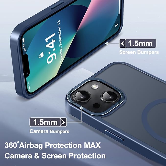 Newfuture Designed for iPhone 13 Case & iPhone 14 Case with Magnetic [13 FT Military Drop Protection] [Compatible with Magsafe] Slim Translucent Shockproof with Anti-Fingerprint Phone Case, Navy Blue