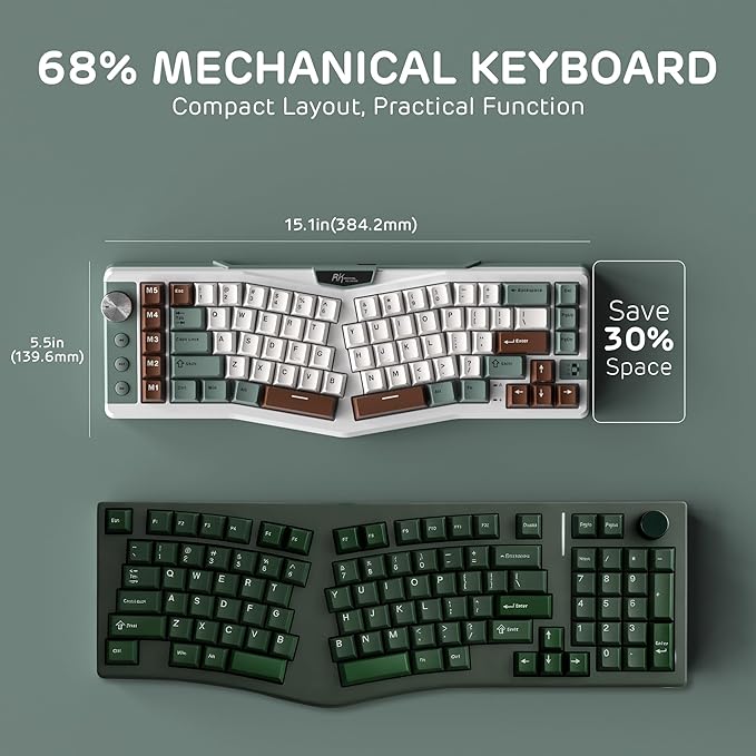 RK ROYAL KLUDGE A72 Alice Ergonomic Wireless Mechanical Keyboard w/Knob/Macro Keys/Touchable Nameplate, Tri-Mode 68% 72-Key Gasket Keyboard BT/2.4G/USB-C, Hot Swap, Win/Mac Software, 7500mAh Battery
