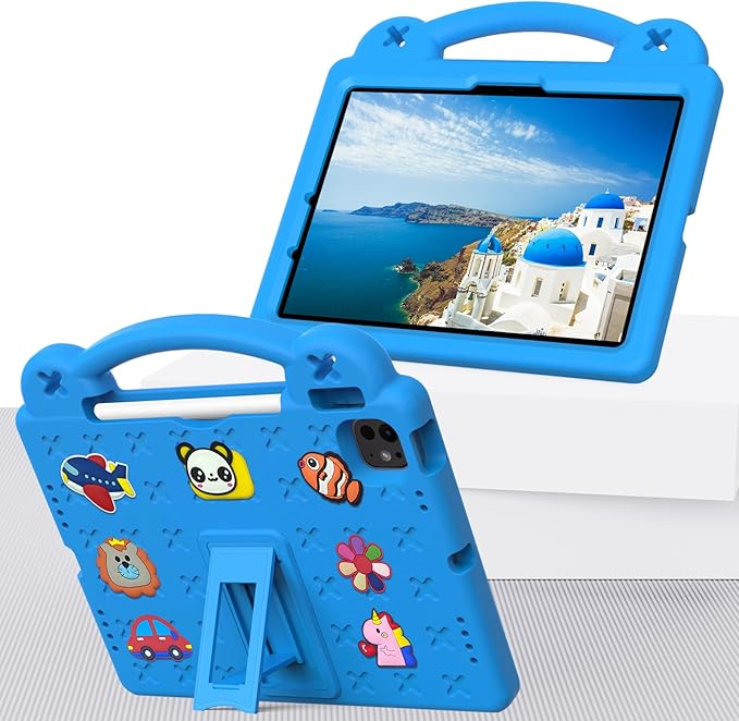 for iPad Air 11 inch Kids Case M3/M2 (2025/2024) & iPad Pro 11 Inch M4 Case 2024 with Pencil Holder/Handle/Kickstand Cute DIY Soft EVA Shockproof Stand Lightweight Tablet Cover,Sky Blue Bear
