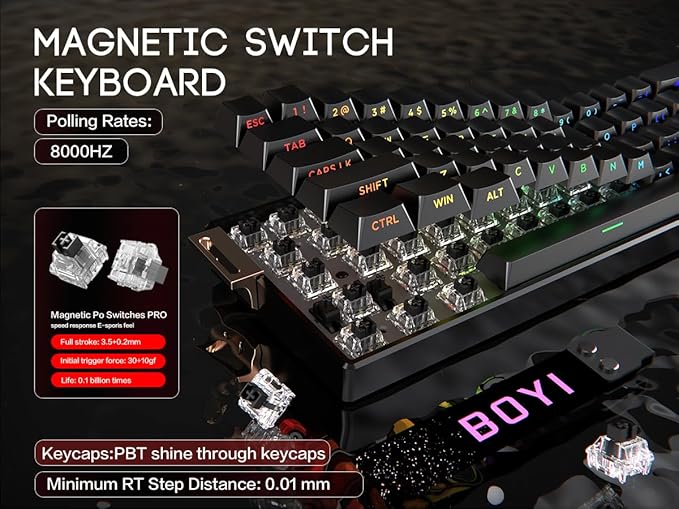 BOYI 66Pro-Flash Aluminum Magnetic Switch Gaming Keyboard,TMR/HE Keyboard Gaming 65% Hall Effect,RGB HotSwap 0.01mm Hyper-Fast 8K Hz Polling Rate,PBT Side Printed Keycaps Mechanical Keyboard with Knob