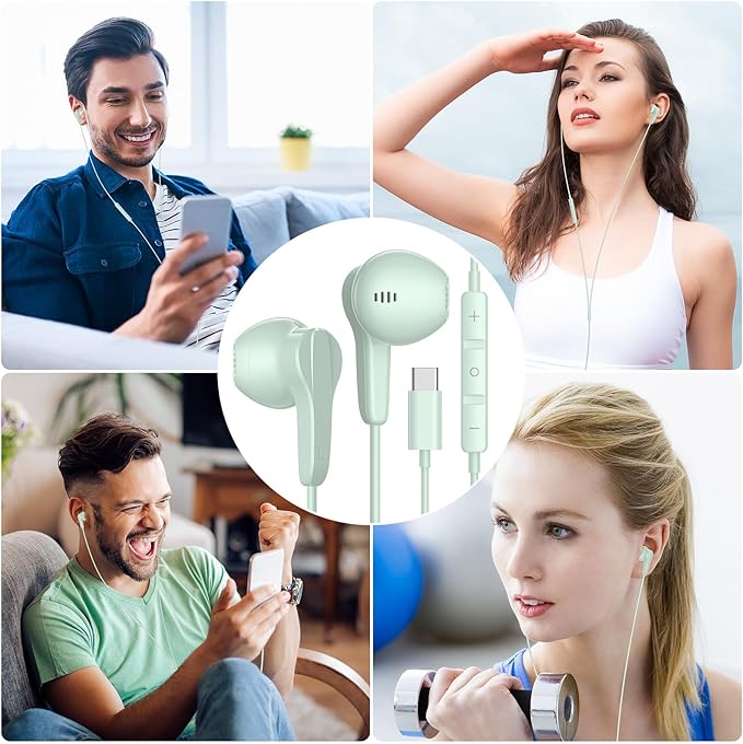 USB C Headphones for iPhone 17 Air 16 15 Pro Max Plus, Type C Earphone with Mic HiFi Stereo Volume Magnet in Ear USBC Wired Earbud for Samsung Galaxy S26 S25 S24 Ultra S23 Fe S22+ Flip/Pixel 10, Green