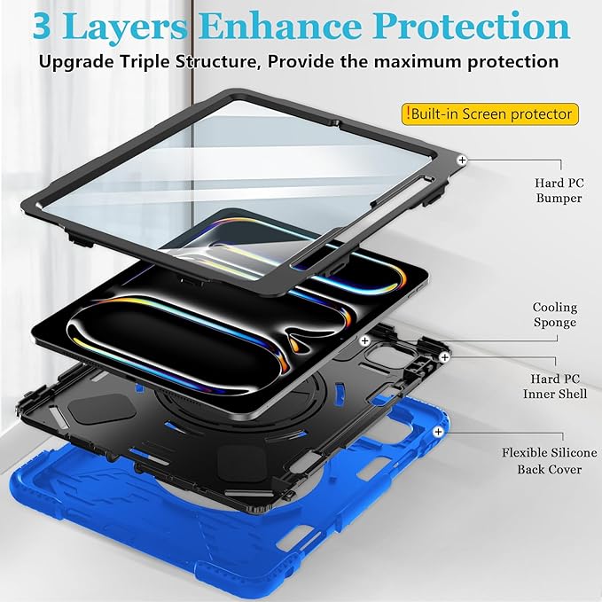 Case for iPad Pro 11 M5 2025/ M4 2024: Protective Cover for iPad Pro 11 Inch 5th Generation with Screen Protector- Stand- Handle- Shoulder Strap- Pencil Holder-Black+Blue