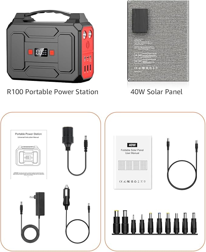 Solar Powered Generator 200W Peak/100W Rated, Portable Solar Generator Power Station with Solar Panels 40W Included, 146Wh Solar Power Bank with AC Outlet 110V for Home Use Camping Outdoor Adventure