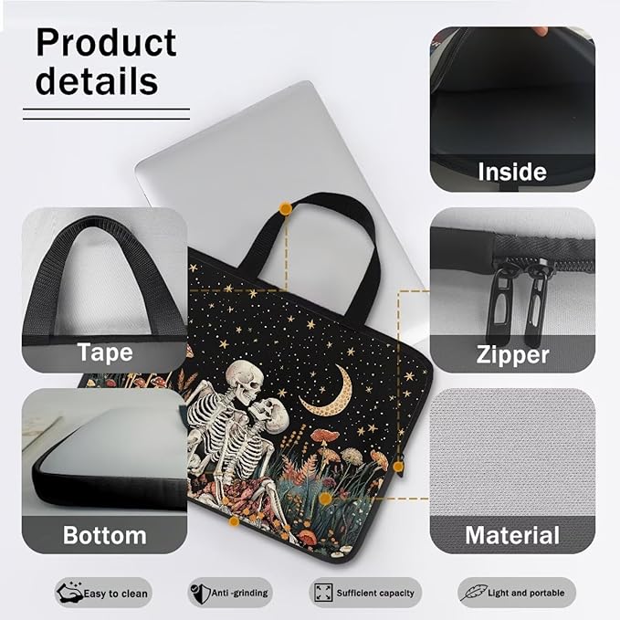Starry Night Laptop Sleeve Bag with Handle Computer Protective Soft Cover Case for Women Men Skeleton Floral Compatible Sleeve Bag Laptop Carrying Case, 12 Inch